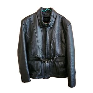 Reece Hudson Vintage Black Leather Motorcycle Jacket Womens Size L Belted Moto